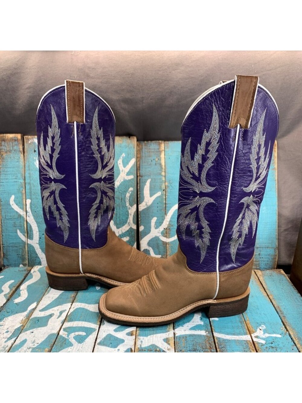 VTG Justin BRL337 Ladies 6B Bent Rail Tan/Purple Wide Square Toe Boots EUC USA